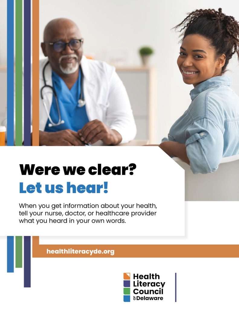 A smiling woman sits in a doctors office with a healthcare provider. Text encourages patients to repeat health information back to their provider for clarity. Health Literacy Council of Delaware logo is shown.