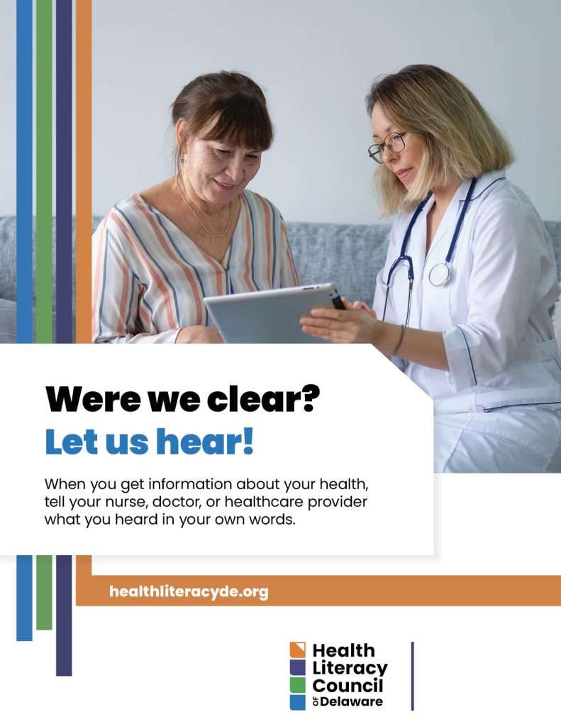 A female doctor wearing a white coat shows a tablet to a smiling older woman. The text encourages patients to repeat health information in their own words for clarity, promoting health literacy in Delaware.