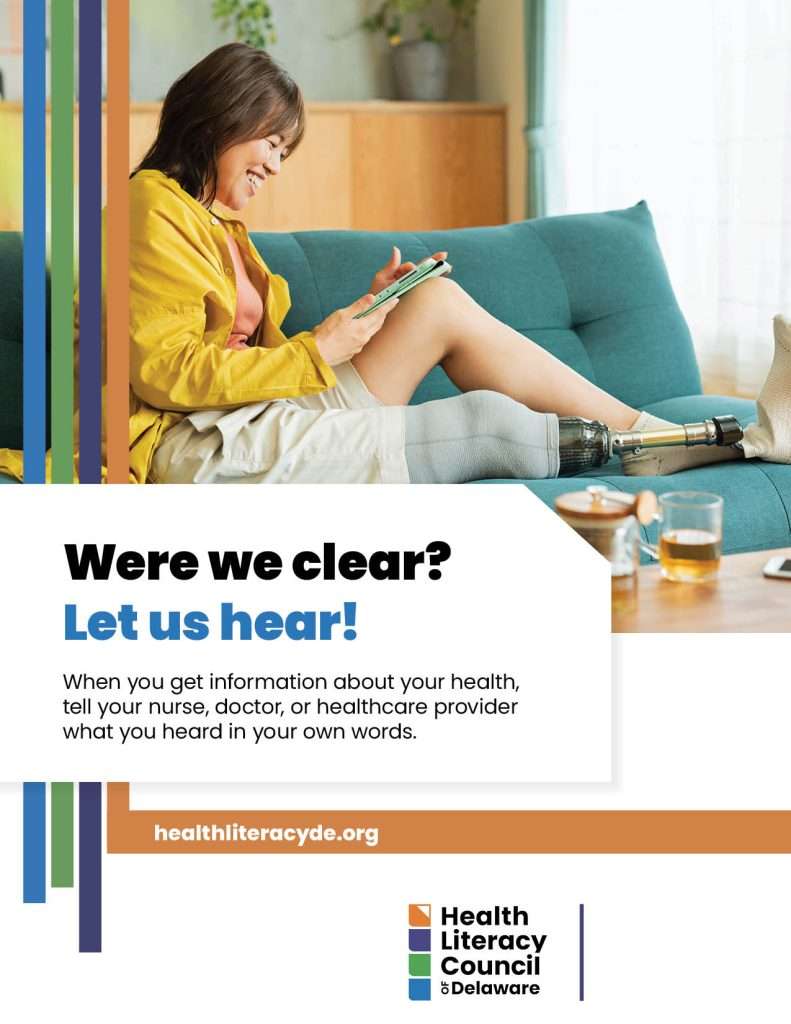 A woman with prosthetic legs sits on a couch, smiling and using her phone, with a notebook on her lap. Text encourages patients to share what they understood from healthcare visits. Health Literacy Council of Delaware logo is visible.