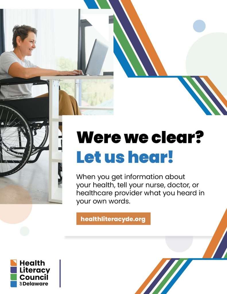 A smiling woman in a wheelchair sits at a desk using a laptop. The text encourages patients to repeat health information in their own words to providers. Health Literacy Council of Delaware logo is at the bottom.