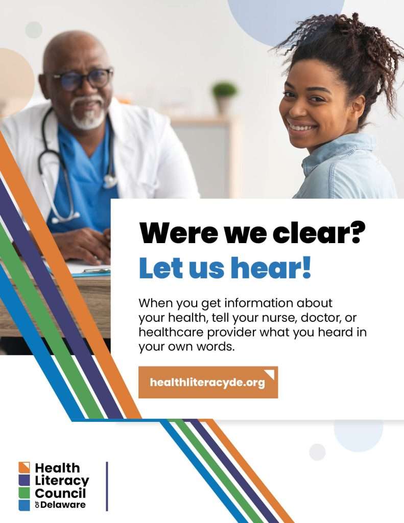 A smiling woman sits beside a doctor in a white coat. Text encourages patients to repeat health information in their own words for clarity. Health Literacy Council of Delaware logo is at the bottom.